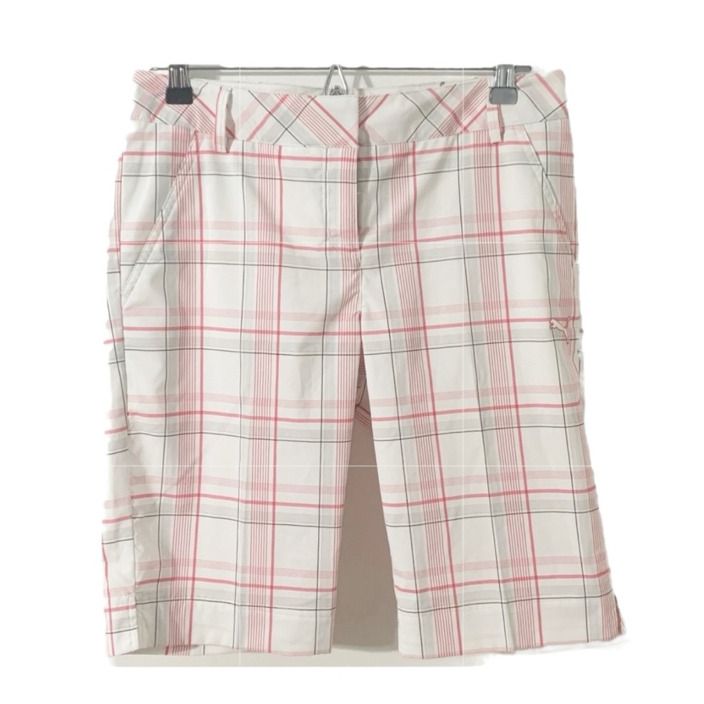 Puma USP  DRY Golf NA Tech Bermuda Shorts Pink Gray White Plaid Pockets Hook Bar